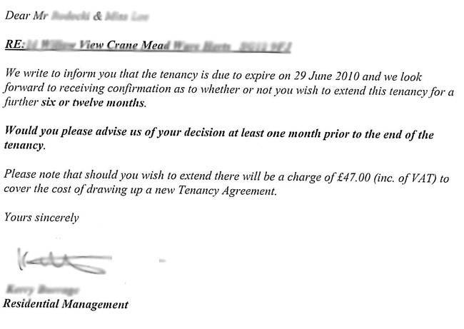 Tenancy Renewal Fee Letter