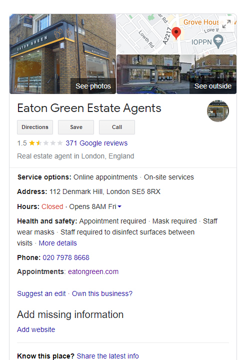 Eaton Green Estate Agents Google Profile