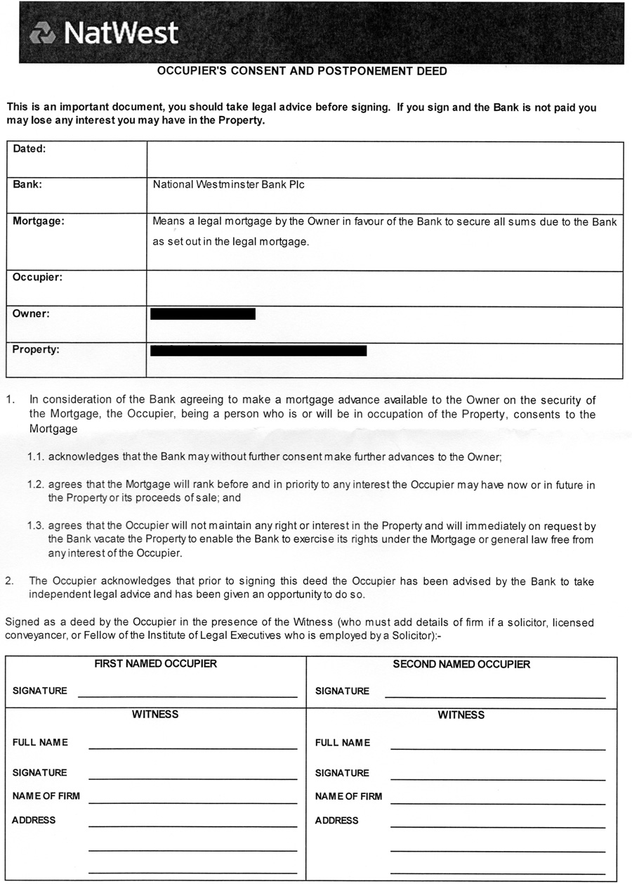 Occupier's Consent & Postponement Deed